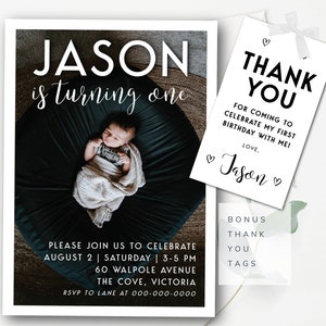Editable Minimalist Photo Birthday Invitation + Tags Modern Photo Birthday Invitation Template Minimalist Editable Photo Invitation  BW