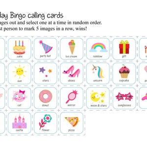 May include: A colorful birthday bingo calling card set with 24 different images, including a butterfly, cake, party hat, ice cream, rainbow, gift, carnival, balloons, sun, stars, shoes, unicorn, cupcake, popsicles, heart, cat, donut, mirror, moon and stars, sunglasses, hat, lollipop, castle, flower, and pizza.