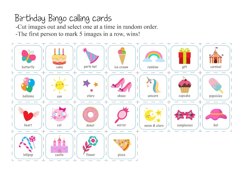 May include: A colorful birthday bingo calling card set with 24 different images, including a butterfly, cake, party hat, ice cream, rainbow, gift, carnival, balloons, sun, stars, shoes, unicorn, cupcake, popsicles, heart, cat, donut, mirror, moon and stars, sunglasses, hat, lollipop, castle, flower, and pizza.