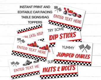 Editable Racing Birthday Signs Printable Car Race Party Signs x 5 to print or edit. Car Racing Table Signs Racing Party Bag Toppers RC