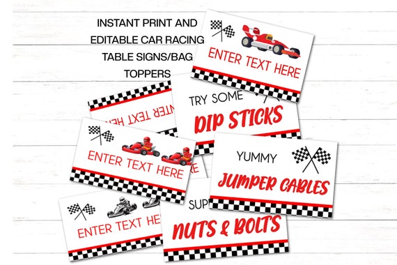 Editable Racing Birthday Signs Printable Car Race Party Signs x 5 to print or edit. Car Racing Table Signs Racing Party Bag Toppers RC