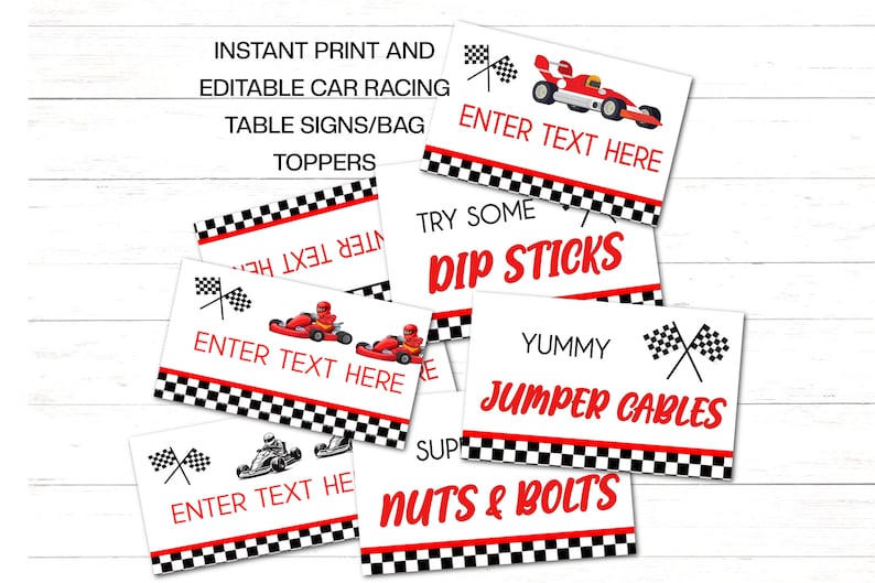 Editable Racing Birthday Signs Printable Car Race Party Signs x 5 to print or edit. Car Racing Table Signs Racing Party Bag Toppers RC image 1