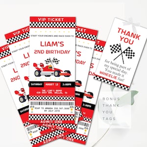 Car Racing Geburtstagseinladung mit kostenlosen ID-Badges und Danke Tags Jungen Auto Ticket Geburtstagseinladung Rotes Auto Racing Einladung Einladung zum Geburtstag
