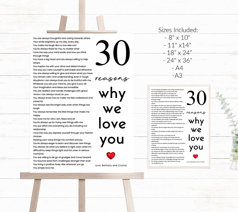30 Reasons Why We Love You Poster Template Printable 30th Gift for Her ...