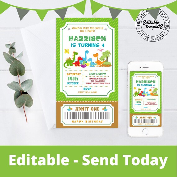 Dinosaur Invitation that you can personalise, download instantly and print or send as a text. dinosaur ticket invitation, dinosaur birthday Il_570xn