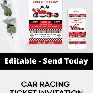 May include: Red and black race car themed printable invitation for a 2nd birthday party. The invitation is shaped like a ticket with the text "Liam's 2nd Birthday" and "VIP Ticket".