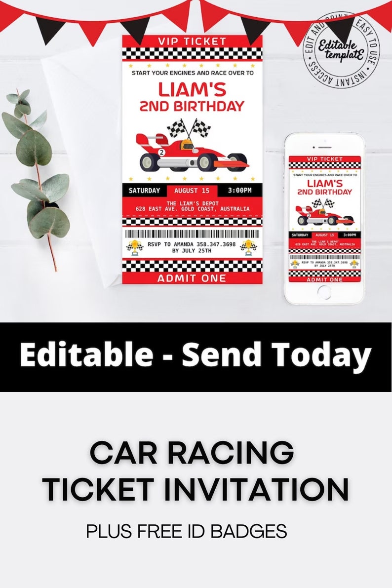 May include: Red and black race car themed printable invitation for a 2nd birthday party. The invitation is shaped like a ticket with the text "Liam's 2nd Birthday" and "VIP Ticket".