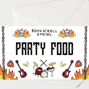 Etiquetas de comida para mesa de festa, etiquetas de mesa para festa de aniversário Born to Rock, etiquetas de comida para festa de aniversário de rock, modelo de cartão de mesa de rock and roll, rock