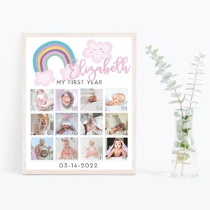 First Year Photo Collage Poster First rainbow birthday milestone poster Photo milestone Editable 1st milestone board birthday P2