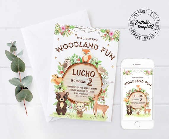 WOODLAND animals Invitation, WOODLAND Birthday Invite Editable invitation Instant download Personalized woodland invitations, WBT8 Il_570xn