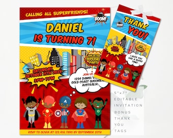 Editable Superhero Invitation Template Superhero Birthday Invitation Printable Superhero Cartoon Comic Birthday Party Invitation