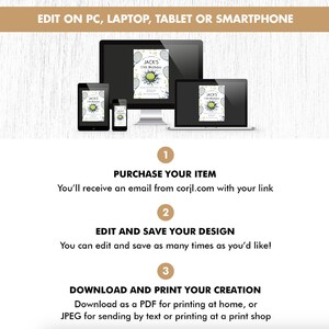 May include: A graphic showing the steps to edit and print a printable invitation. The invitation is for a tennis-themed birthday party. The steps are: 1. Purchase your item, 2. Edit and save your design, 3. Download and print your creation. The invitation is shown on a computer screen, tablet, and smartphone.