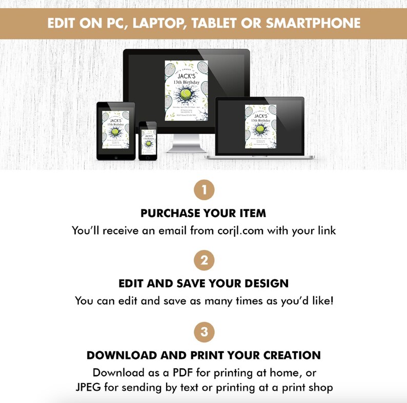 May include: A graphic showing the steps to edit and print a printable invitation. The invitation is for a tennis-themed birthday party. The steps are: 1. Purchase your item, 2. Edit and save your design, 3. Download and print your creation. The invitation is shown on a computer screen, tablet, and smartphone.