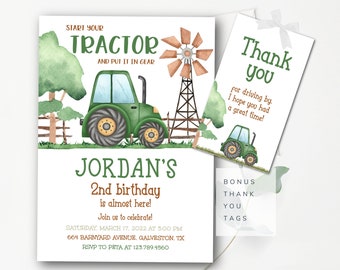 Tractor Birthday Invitation Green Editable Tractor Invitation Farm Invitation Tractor Thank You Tags and Evite Included INSTANT DOWNLOAD