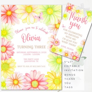 Flower Birthday Invitation Editable Daisy Invitation Pastel Daisy Birthday Invite Modern Flower Power Invite Instant Edit and Download DD