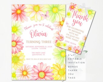 Flower Birthday Invitation Editable Daisy Invitation Pastel Daisy Birthday Invite Modern Flower Power Invite Instant Edit and Download DD