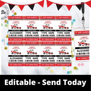 May include: Printable VIP guest pass templates for a race car themed birthday party. The passes feature a red race car with a checkered flag and the text "Liam's 2nd Birthday". The passes are editable and can be personalized with the guest's name.