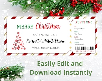 Può includere: Un biglietto per un concerto a tema natalizio con un bordo rosso e oro. Il biglietto recita "MERRY Christmas" e include spazio per il nome del concerto, la sede e i dettagli del destinatario. Un albero di Natale fatto di fiocchi di neve è a sinistra.