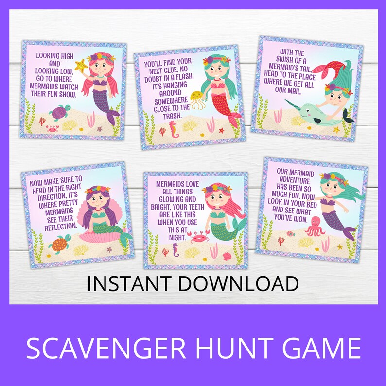 May include: A set of ten printable mermaid-themed scavenger hunt game cards. Each card features a different mermaid illustration and a riddle to solve. The cards are designed with a pink, blue, and green color scheme and have a glittery background.