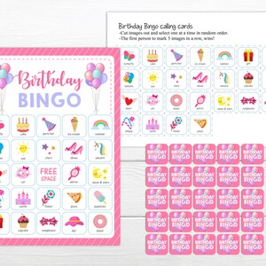 May include: Pink and blue birthday bingo game with images of a cake, ice cream, unicorn, rainbow, and other birthday party items. The game includes 25 calling cards with the same images.