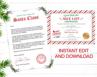 Op de afbeelding: Een brief van de Kerstman en een Nice List-certificaat. De brief is van de desk van de Kerstman, gedateerd 25 december. Het certificaat is rood en groen met de woorden "Official North Pole Nice List Certificate". Het certificaat is ondertekend door de Kerstman.