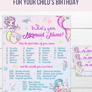 May include: A printable mermaid-themed party game for a child's birthday. The game asks "What's your Mermaid Name?" and instructs players to take the first letter of their name and the month they were born to find their mermaid name. The printable includes a list of mermaid names and a list of months with corresponding mermaid names.