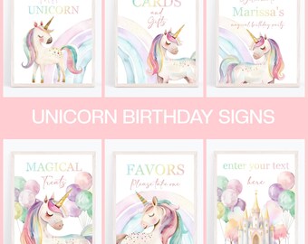 Bearbeitbare Einhorn Zeichen Pastell Einhorn Party Sofort-Druck Magisches Einhorn Geburtstag Zeichen in 4 Designs Sofort-Download-Druck - RUB