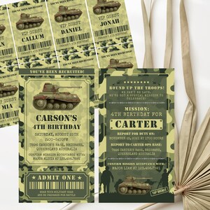 Geburtstags-Einladung der Armee Einladung zum Geburtstag mit ID-Abzeichen Militär tarn Einladung Armee Panzer Einladung Drucken oder als Text senden.