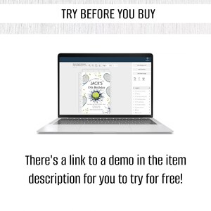 May include: A laptop computer screen displaying a tennis-themed birthday invitation with a green and white tennis ball graphic and the text "JACK'S 13th Birthday". The text "TRY BEFORE YOU BUY" is displayed above the laptop.