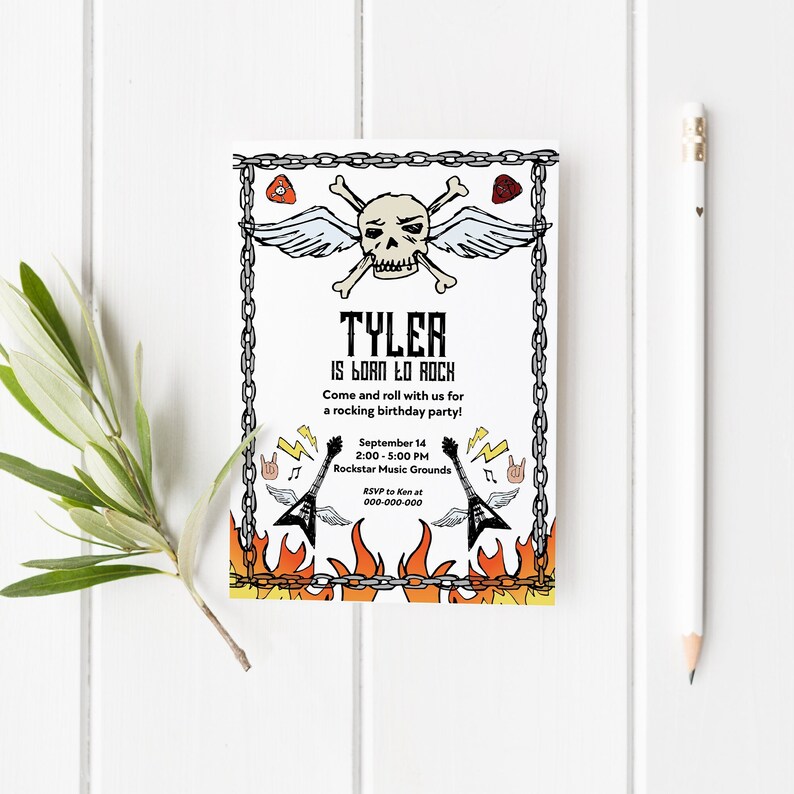 May include: A birthday party invitation with a skull and crossbones graphic, flames, and chains. The text reads "Tyler is Born to Rock" and includes details about the party, including the date, time, and location.