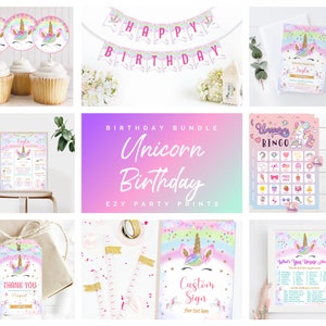 Einhorn-Geburtstagspaket, Einhorn-Party-Set, Regenbogen-Einhorn-Partypaket, druckbares Einhorn-Geburtstagspaket, druckbare Vorlagen