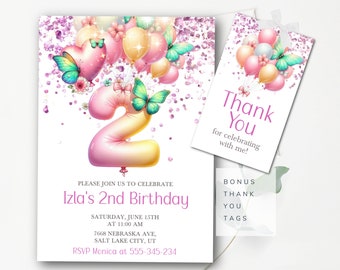 Girls 2nd Birthday Invitation Template Editable Balloons Glitter Birthday Invitation Foil Number Two Girls Invitation Instant Download  BP1