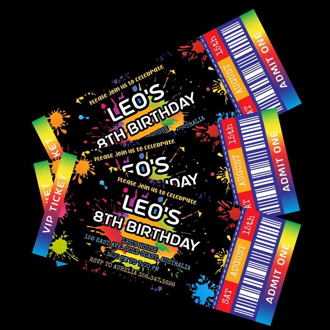 Paintball Ticket Birthday Invitation Paint Splat Editable Etsy