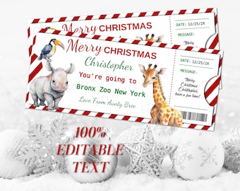 May include: Two Christmas-themed tickets with red and white striped borders. The tickets read "Merry Christmas" and feature illustrations of a toucan, rhino, and giraffe. Text on the tickets includes "Christopher," "Bronx Zoo New York," and "100% Editable Text."