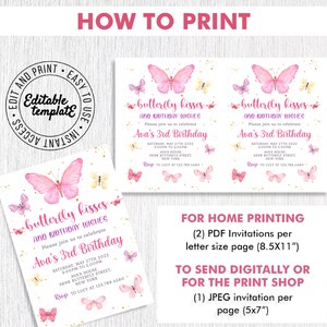 May include: Printable invitation for a 3rd birthday party with a butterfly theme. The invitation features pink butterflies, gold glitter, and the text "butterfly kisses and birthday wishes". The invitation is available in PDF and JPEG formats.