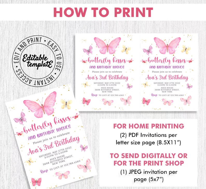 May include: Printable invitation for a 3rd birthday party with a butterfly theme. The invitation features pink butterflies, gold glitter, and the text "butterfly kisses and birthday wishes". The invitation is available in PDF and JPEG formats.