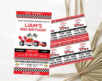 May include: Red and white VIP ticket for Liam's 2nd birthday party. The ticket has a checkered pattern and a cartoon race car. The text on the ticket reads "Start your engines and race over to Liam's 2nd Birthday". The ticket also includes the date, time, and location of the party.