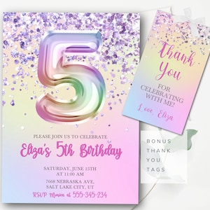 Modello di invito per il 5° compleanno, modificabile, invito per il compleanno con glitter, numero cinque, foglio pastello, download immediato, digitale GP1