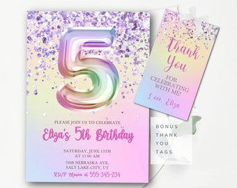 5th Birthday Invitation Template Editable Girl Glitter Birthday Invite Pastel Foil Number Five Fifth Birthday Instant Download Digital GP1