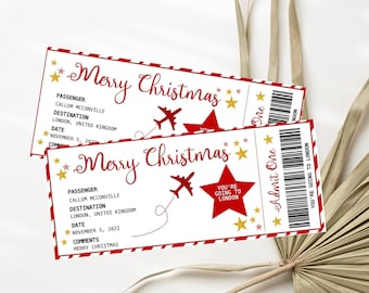 May include: Two Christmas-themed plane tickets with red and white borders. The tickets read "Merry Christmas" and include details like passenger name, destination (London, United Kingdom), and date. A red star with "You're Going to London" is featured.