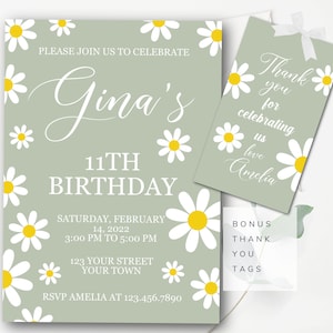 Invito di compleanno modificabile con margherita Invito con margherita boho Invito di compleanno con margherita oliva Invito moderno con margherita Modifica e download istantanei G9