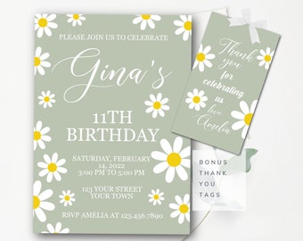 Editable Daisy Birthday Invitation Boho Daisy Invitation Olive Daisy Birthday Invitation Modern Daisy Invite Instant Edit and Download  G9