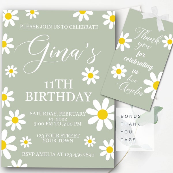 Editable Daisy Birthday Invitation Boho Daisy Invitation Olive Daisy Birthday Invitation Modern Daisy Invite Instant Edit and Download  G9