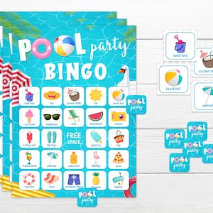 Pool Party Bingospel Afdrukbaar Bingospel Afdrukbare spellen voor kinderen Instant download Pool Party Game Pool Party Bingospel voor kinderen PPT3