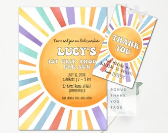 Sunshine Birthday Invitation 1st Trip Around The Sun Invitation Template First Birthday Party Invitation Happy Birthday Invitation SN