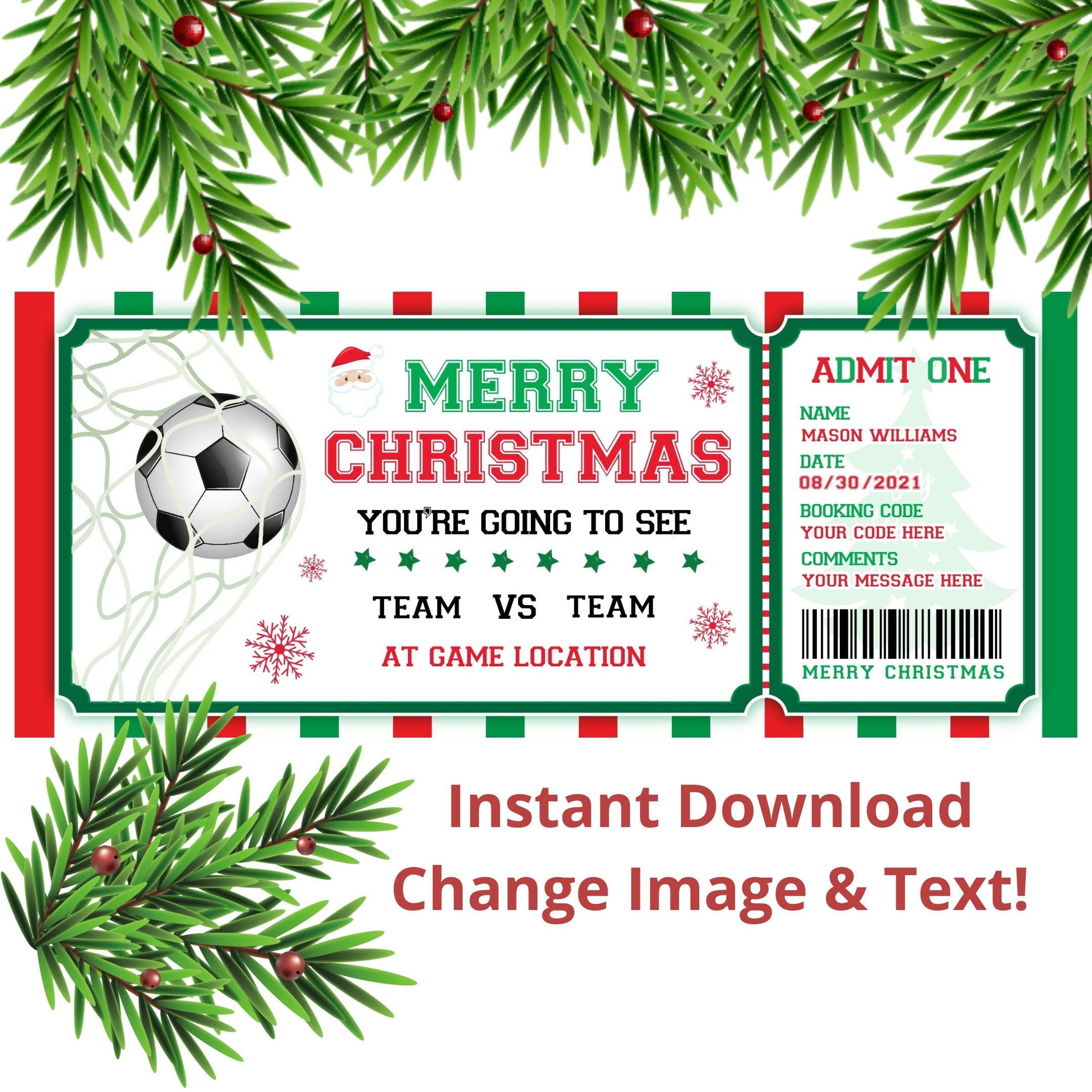 Sports Ticket Gift Template Editable Soccer Christmas Gift Ticket Editable Football Christmas Ticket Soccer Game Gift Ticket Template