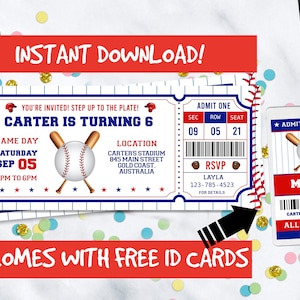 Bearbeitbare Baseball Einladung zum Herunterladen und sofort ausdrucken! Jungen Baseball Ticket Geburtstagseinladung BONUS ID Badges