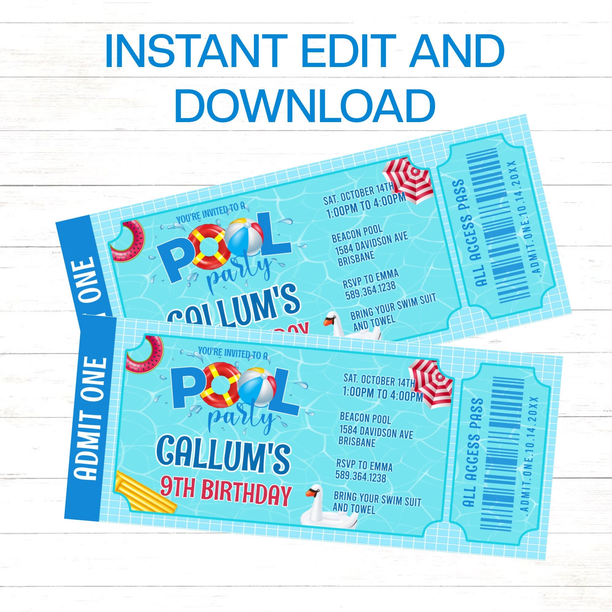 Pool Party Invitation Editable Ticket Pool Party Birthday Invitation ...
