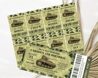 May include: Green and brown camouflage patterned invitation with a cartoon tank and the text "You've Been Recruited! Carson's 4th Birthday" and "Saturday 25 August 2:00-5:00PM".