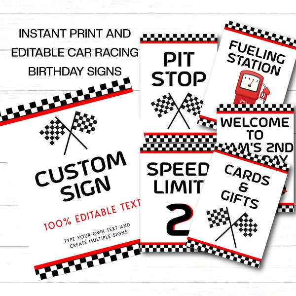 Editable Racing Birthday Signs, Printable Car Race Party Signs x 6 to print instantly & edit. Racing Party Display Signs,Instant download RC